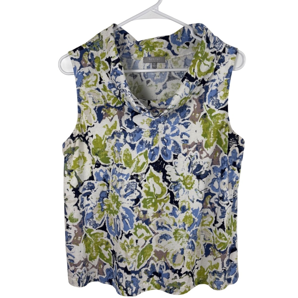 Habitat Clothes to Live In Sleeveless Top M Cowl Neck Cotton Knit Blue Green